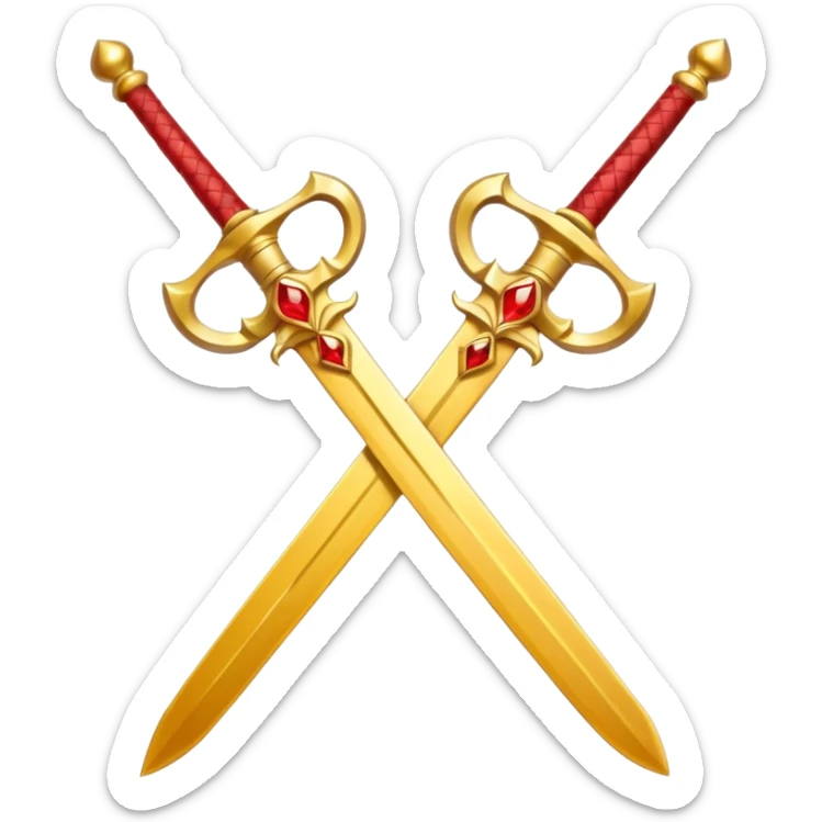 Two crossed swords that are golden in blade and handle and have fiery and royal appearence to them as well as red gem stones yellow in color sticker