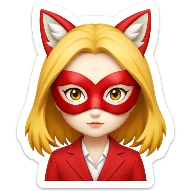 Chibi woman in red suit with yellow fox mask that cover half of face sticker