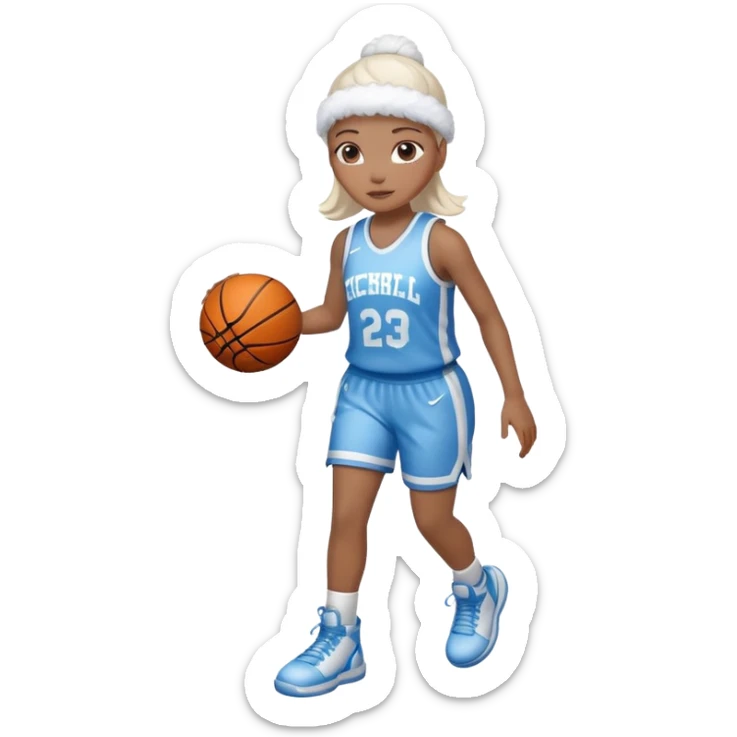 apple style emoji of a basketball girl player with a frosty, wintery look, representing 'Frosted Floater' for December sticker