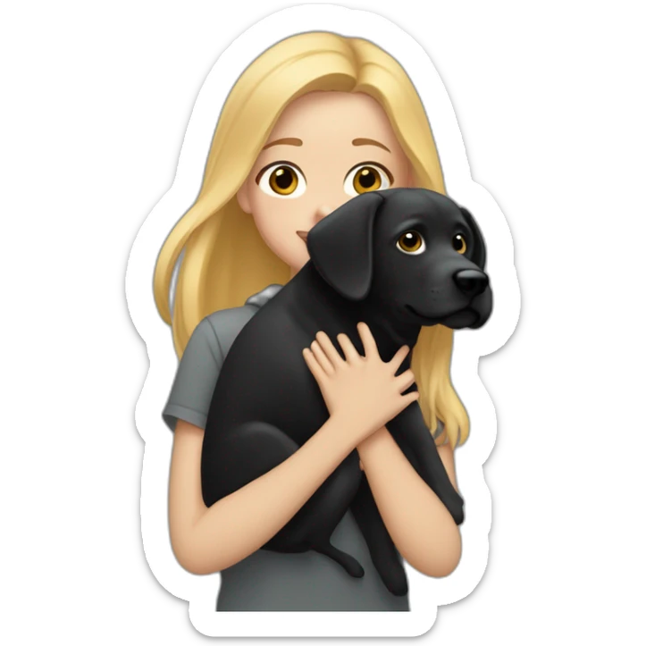 A blonde girl  with smooth hair and a ray in the middle of his hair, she has light skin a few freckles, and she wear a hoodies and she Carries in his arms a black baby labrador dog  sticker