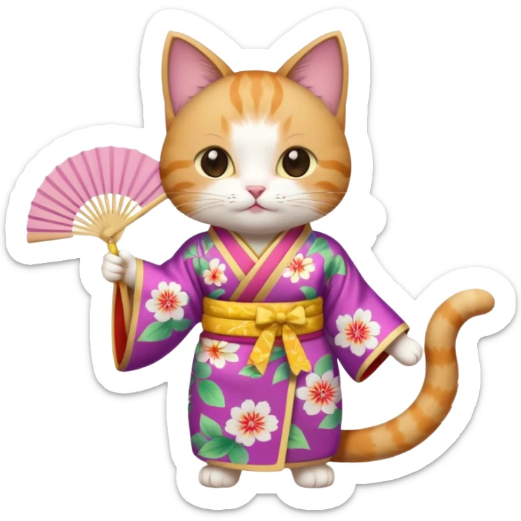 A cat in kimono-style outfit, opening a floral fan with gentle poise. sticker