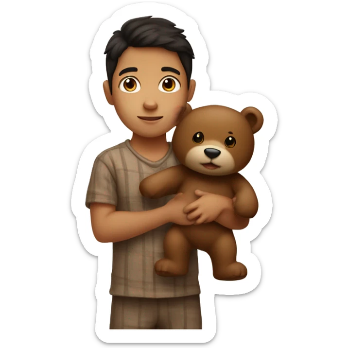 A little boy with dark hair, in brown pajamas with a bear in his hand sticker