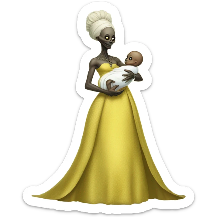  Reptilian alien woman, full body, in victorian jellow elegant dress, holds a newborn white humman baby sticker