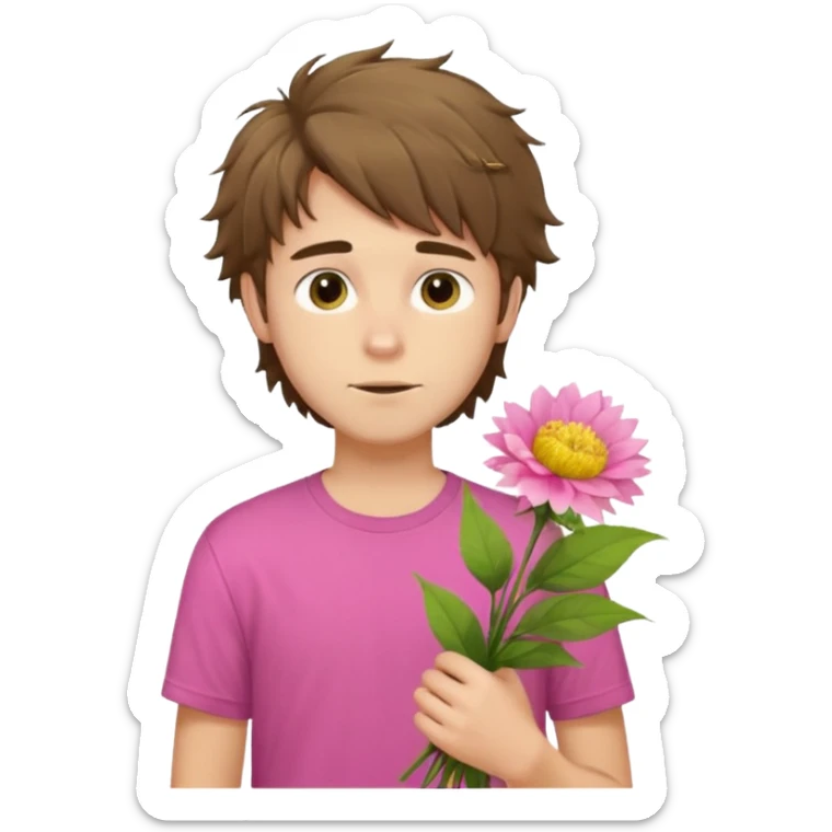 generate an ios genmoji of a 20 year old fair boy with brown long and messy hair with stubble on cheeks. carrying a pink flower bouquet, wearing a yellow tshirt, looking shy sticker