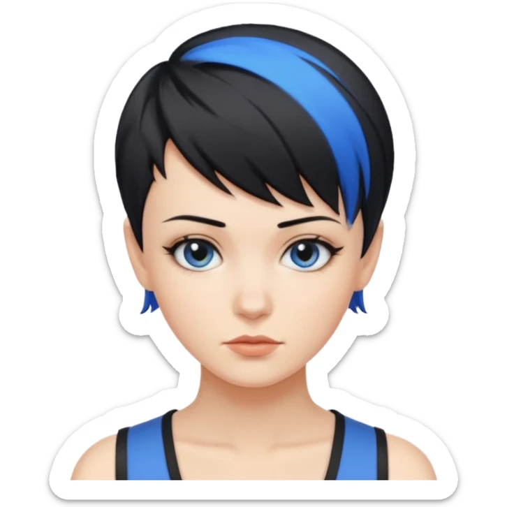 frau freche extreme schwarze Kurzhaarfrisur eine Seite wirklich fast keine Haare andere Seite mit blauer Strähne sticker