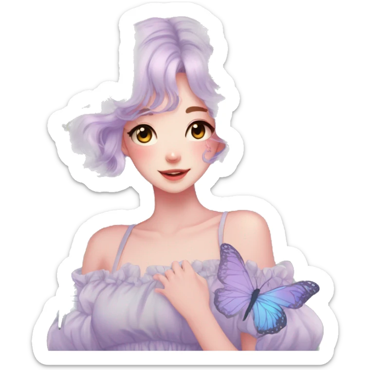 gorgeous pretty anime cartoon pastel lady with butterflies and beautiful hair fairycore cottagecore sticker