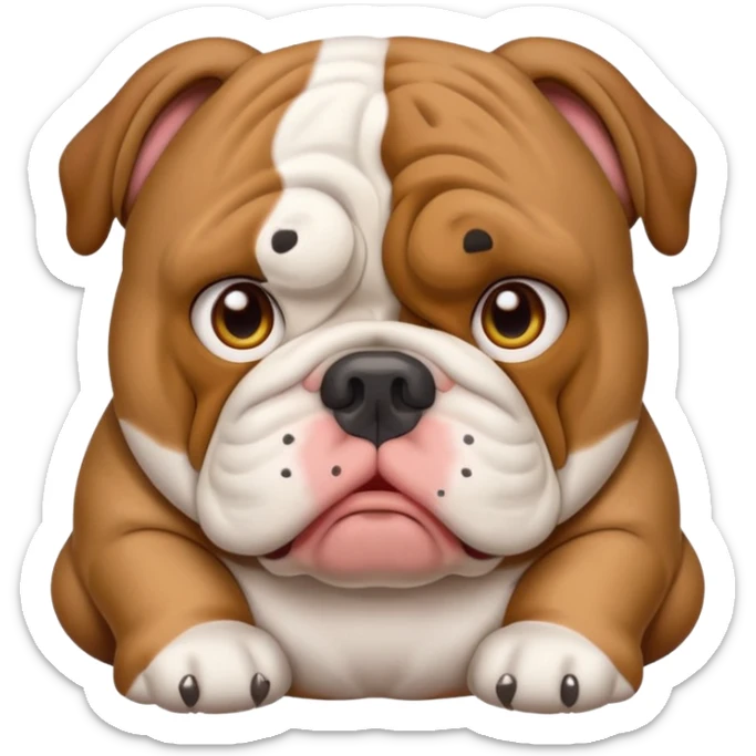 English bulldog with a worried face and a 'need help' sign, emoji style sticker