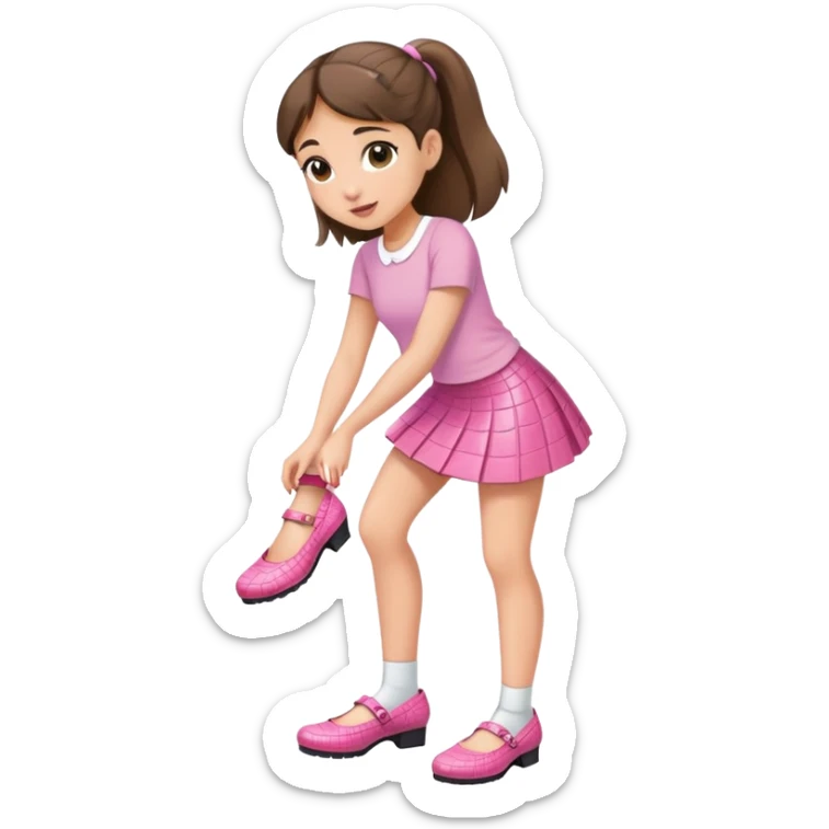 Ariana putting on her shoes wearing a pink croc top and a short white skirt  sticker