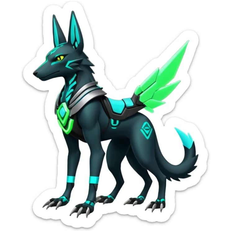 Black and green cyberpunk intricate neon glowing grey white futuristic cyborg-Anubis-Hermanubis-Zeraora-Zoroark-Luxray-fusion (full body) sticker