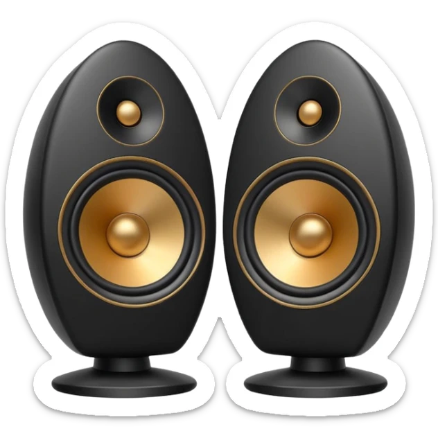 pair of big speakers emoji, deep matte black metal body, circular speaker cones with subtle depth, smooth rounded edges, minimalistic futuristic 3D style, luxury aesthetic sticker