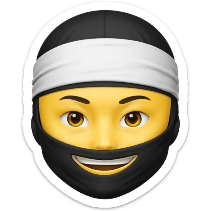 ninja face emoji with black ninja mask covering lower face, no skin color, standard emoji yellow, white headband, smiling sticker