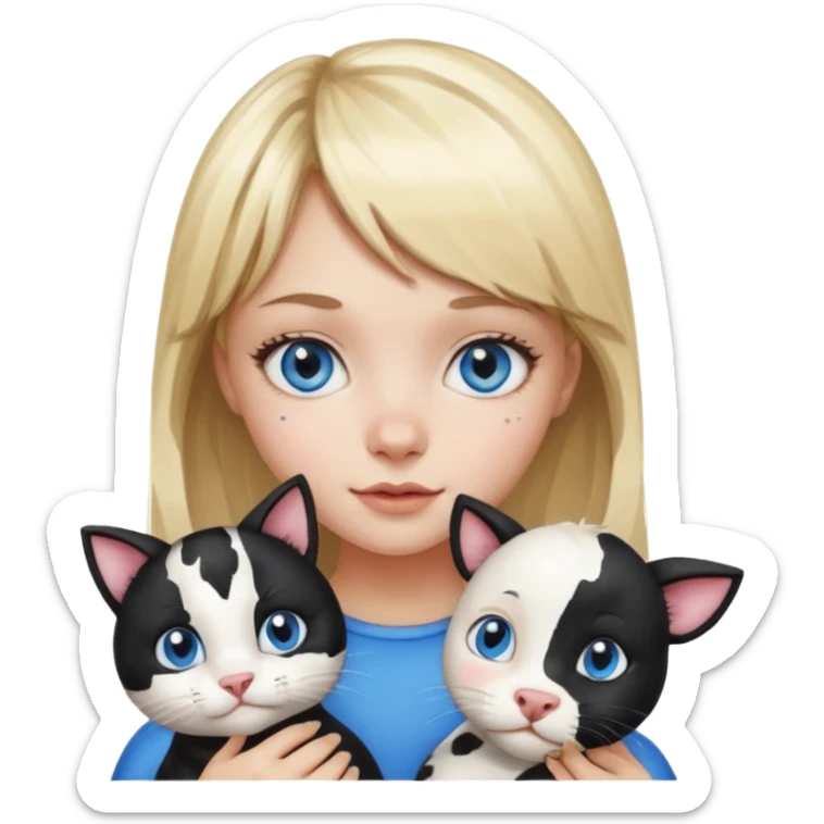 Cute cat black and white stain like a cow in the arms of a blond girl with bangs and blue eyes sticker