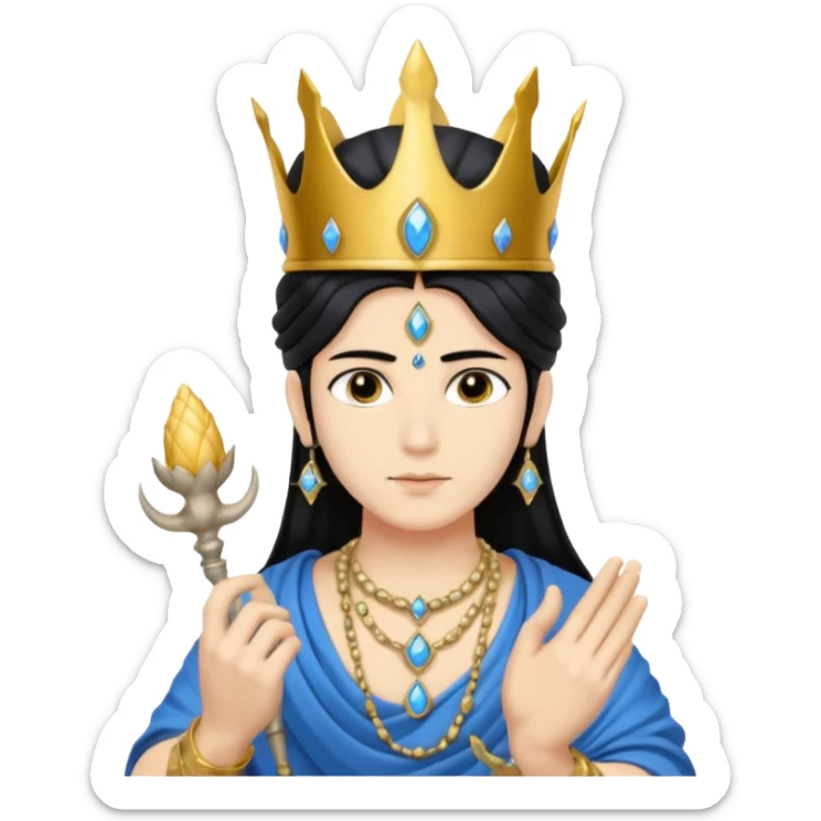 lord ishnu, shoulder length black hair, wearing crown, holding conch and chakra, blue color skin sticker