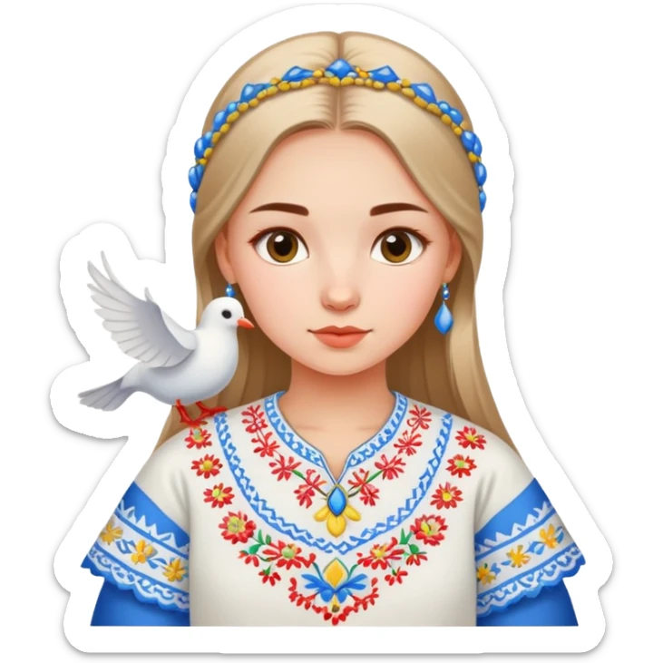 Ukrainian girl wearing a traditional embroidered vyshyvanka shirt with a white dove next to her sticker