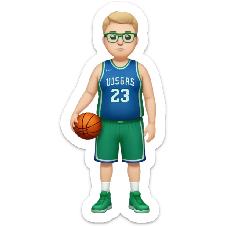 full body overweight tall white male basketball wearing glasses in blue an green uniform sticker