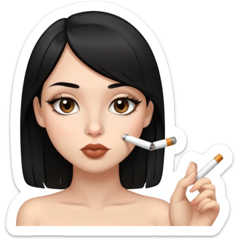 Girl with black straight hair, big brown eyes, small nose, nude lipstick, smoking a cigarette  sticker
