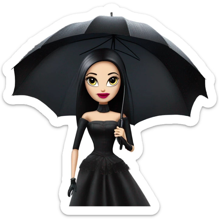 Parisienne Pretty Barbie Morticia Addams at a rainy funeral holding mbrella, accessories gloves carrying clutch  sticker