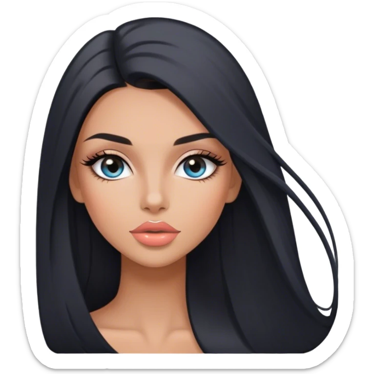 Glamours, tanned, very beautiful girl, with big pump peach-beige-rose lips, long long lashes, black straight smooth silky long hair, straight parting hair, blue-grey eyes sticker