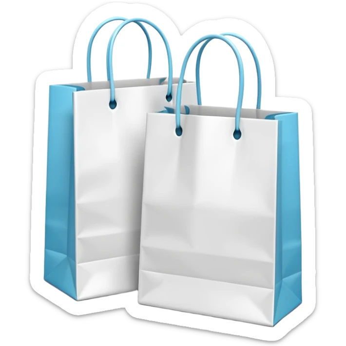 A 3D emoji of two white paper shopping bags, one large and one small, standing next to each other. Soft studio lighting, smooth 3D rendering, claymorphism style, minimalist design, cute, high resolution, isolated on a white background. sticker
