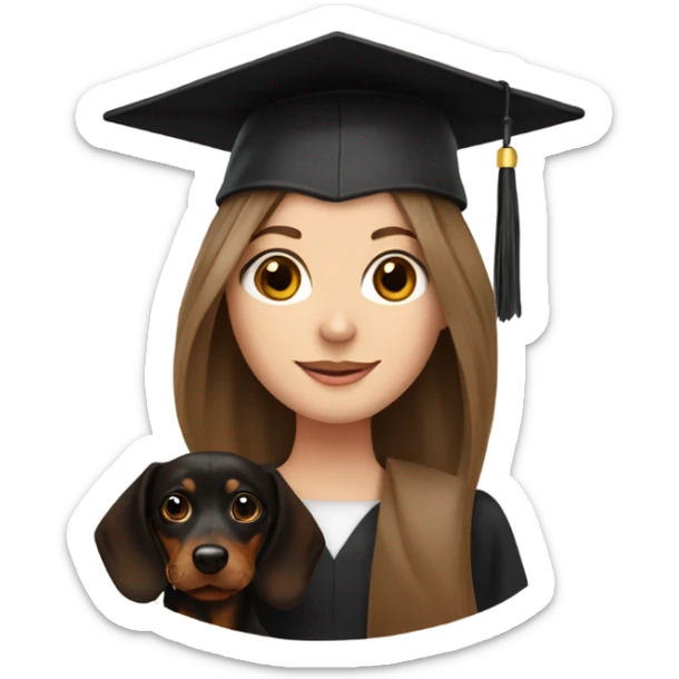 Brown haired white girl in graduation cap holding black long haired dachshund  sticker