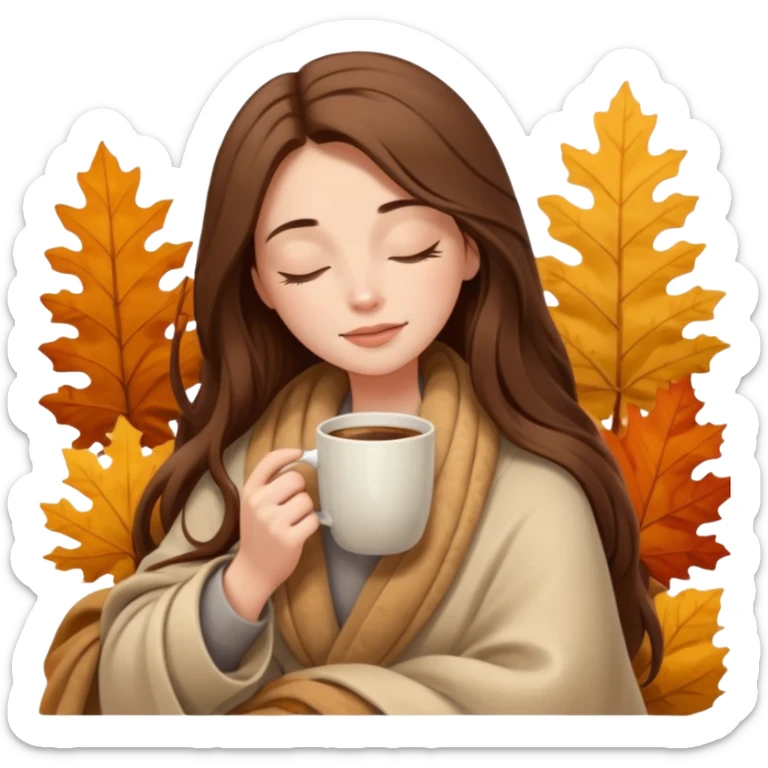 long brown hair woman closed eyes covered with cozy beige blanket, holding cup of coffee, autumn mood sticker