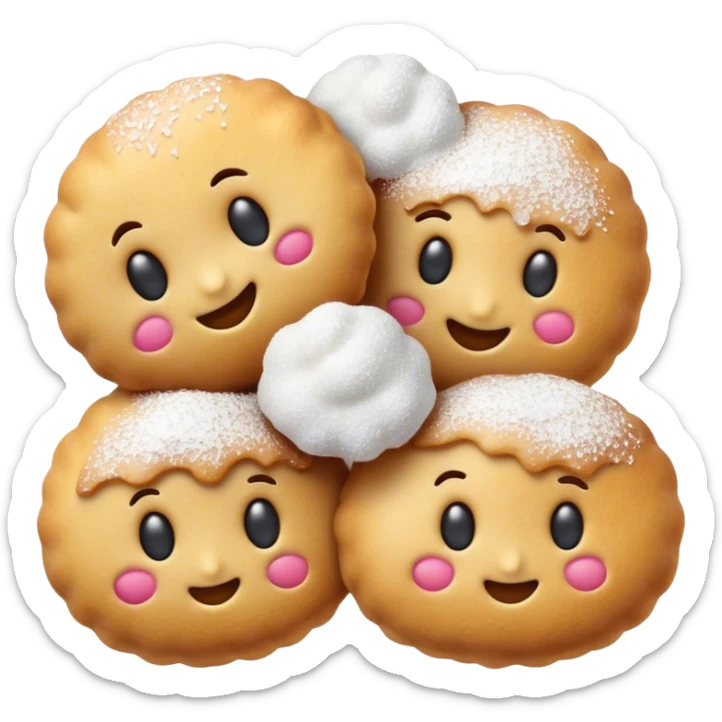 Cinematic Realistic Fritule Dessert Emoji, featuring small, fluffy dough balls dusted with powdered sugar rendered with delicate textures and warm, inviting lighting. sticker