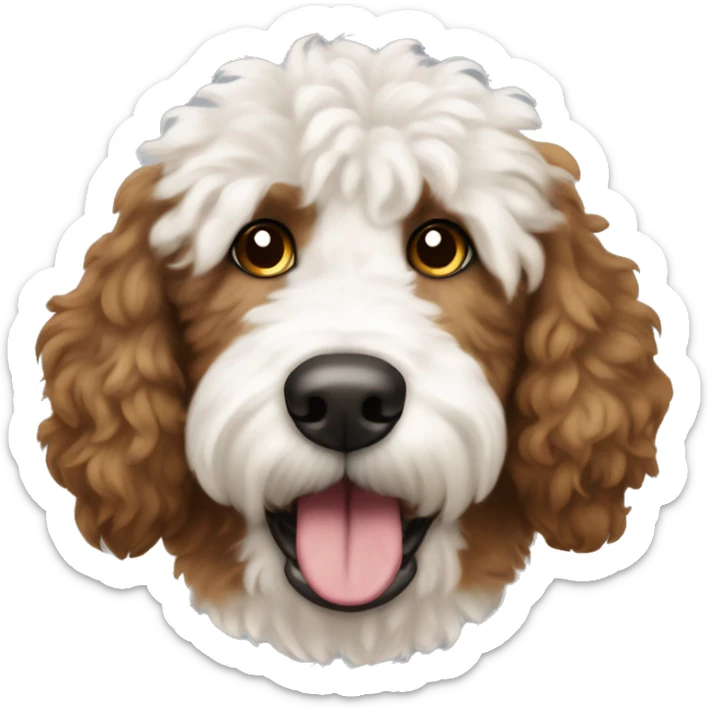 Brown and white patches Golden doodle dog showing tongue white head brown ears and brown patch on top of head fluffy head sticker