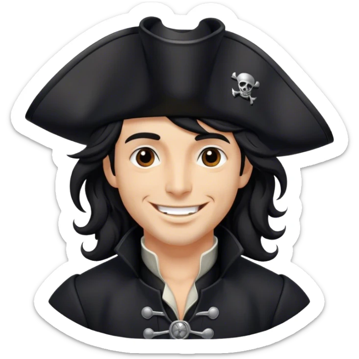A charismatic pirate with wavy black hair, wearing a black tricorn hat and a sleek black coat with silver buttons, smiling confidently. sticker