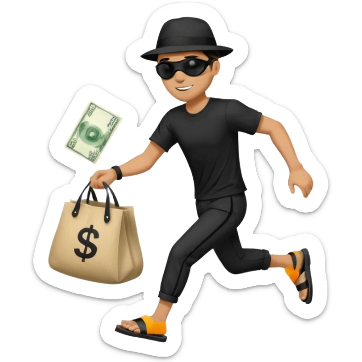 Make a man wear a black pant and he shirt is balck line and white line and wear a black hat and he holding a money bag and he running he wear a black eye thing no money in the Left hand and he yellow and the money bag in the right he wear a flip flop like this is Money bag 💰 NO MONEY sticker