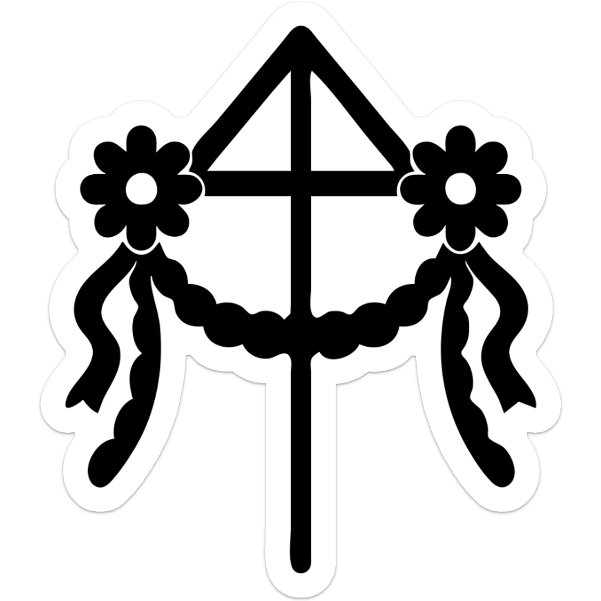 Add traditional Swedish details to the midsommarstång: a wooden crossbar, two large floral wreaths at the ends, blue and yellow ribbons spiraling around the pole, and a leafy garland in a U-shape between the wreaths, maintaining the flat color icon style. sticker