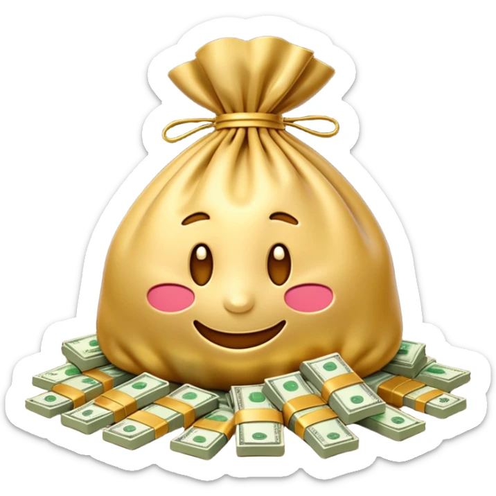 Luxury 3D emoji, overflowing money bag, stacks of cash, premium lighting, rich glossy look, ultra clean, transparent background


 sticker
