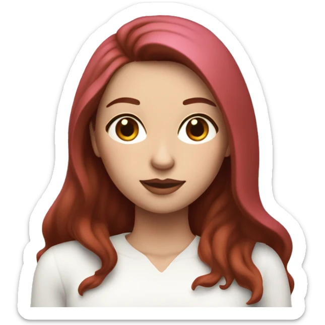 Woman with a white skin that has Long Dark red hair and brown eyes with an eyeliner coding on a pink macbook sticker