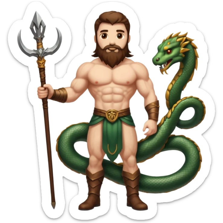 full body man long brown hair brown eyes medium beard white skin muscular build apple guardian with serpent staff sticker