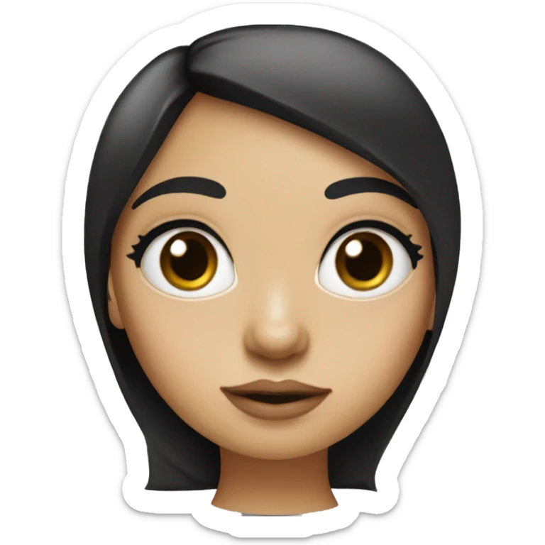 Girl with white skin tone, big eyes, small lips, big nose, long black hair, ack T shirt
 sticker