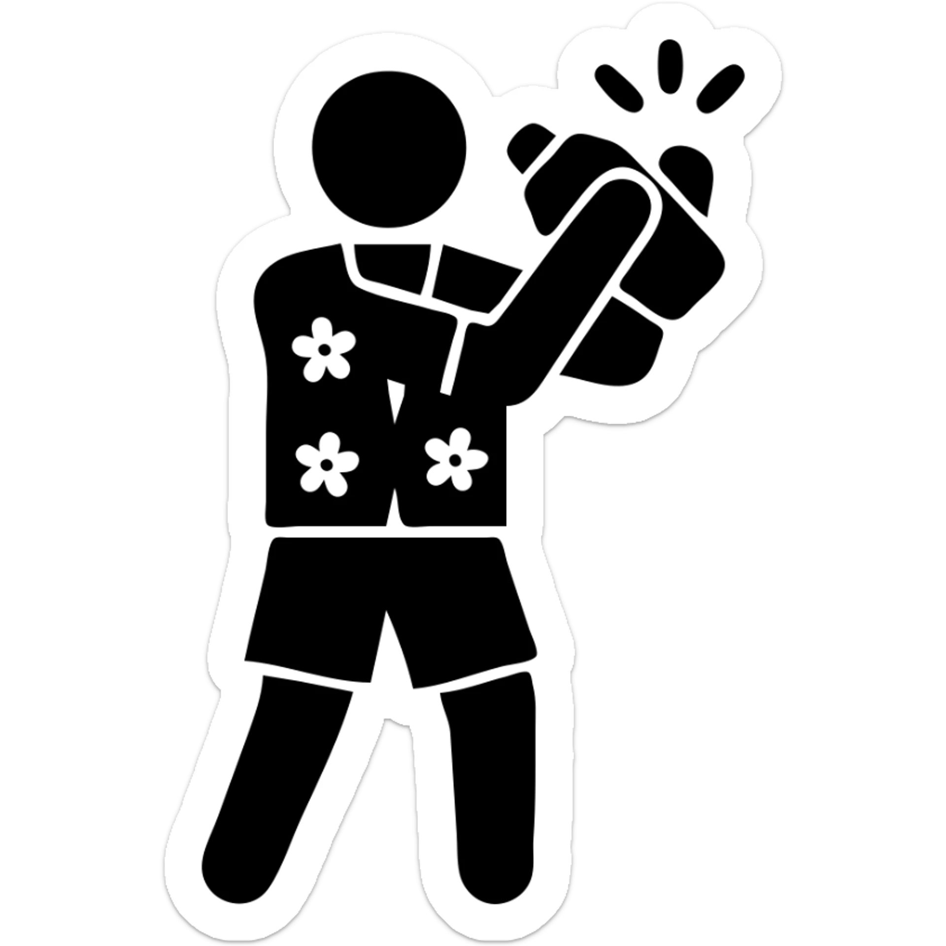 human male Unbuttoned Hawaiian shirt, swim trunks, shaking a cocktail shaker (sparks flying) sticker