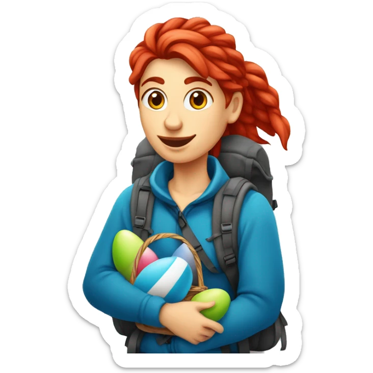 Female winter mountain climber red loose hair climbing with Greek flag on backpack and holding Easter eggs basket sticker