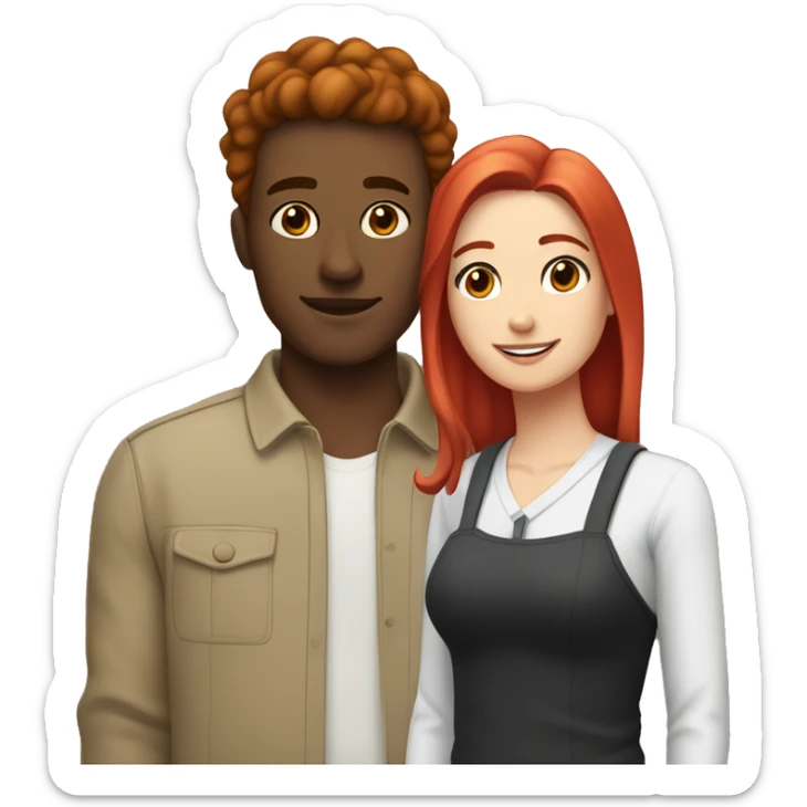 a gay man with short black hair medium toned skin and a white woman with long red hair sticker