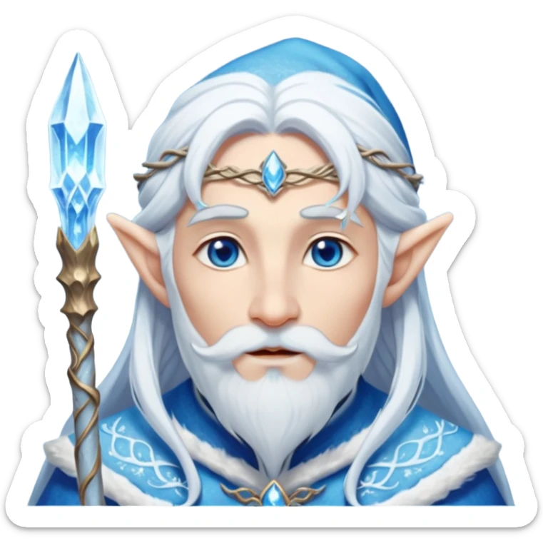 Legendary fantasy Christmas elf portrait icon, Santa Claus and Snow Maiden inspired, ancient winter spirit style, long flowing white-blue hair, glowing frost eyes, crystal staff, elegant elven features, divine winter magic aura, icy silver color palette, highly detailed but clean emoji icon male sticker