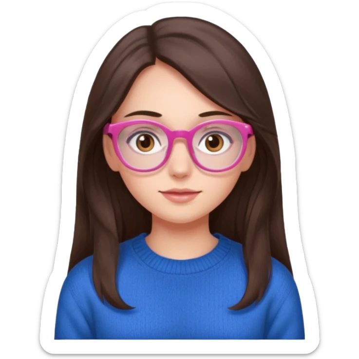 brunette girl whit blue sweater, long hair, brown eyes, pink eyeglasses  sticker
