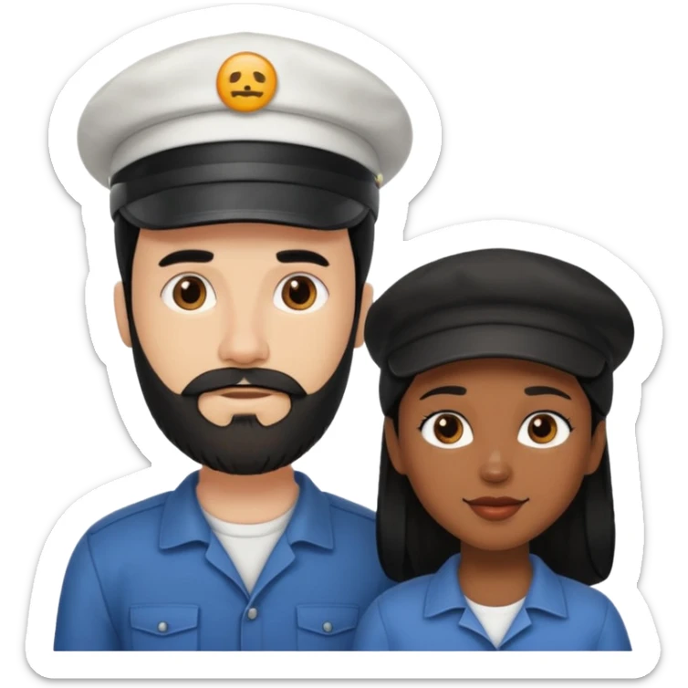 Couple emoji -WHITE with man with beardwith cap on and BLACK FEMALEwith mid length black sticker