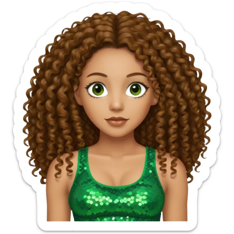 Melanie Brown with long brown curly hair, green sequin crop top, brown eye sticker