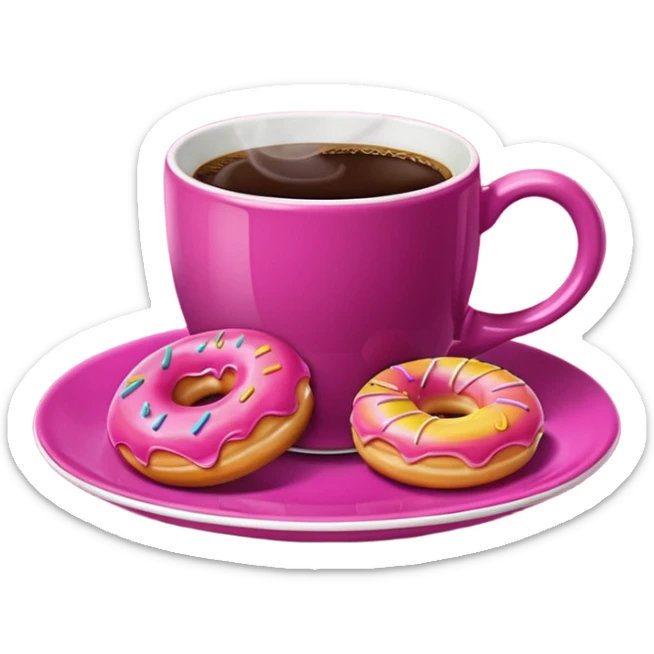 A steaming cup of coffee, magenta with a yellow butterfly print, sits on a magenta saucer with colorful donuts. sticker