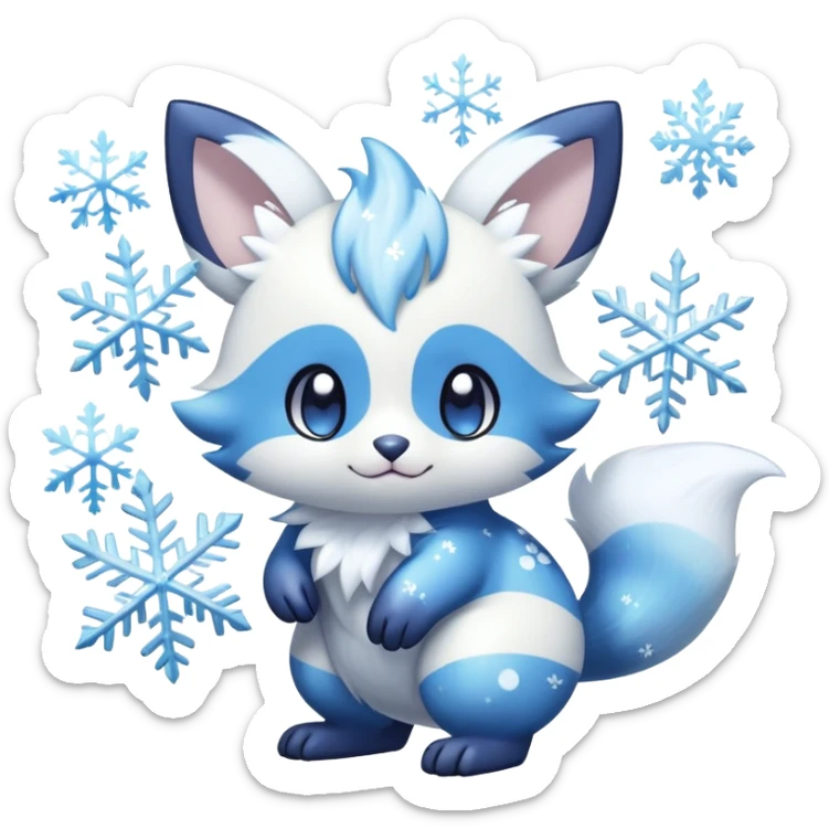 Shiny White Pastel Snowy Icy Sparkly Cute Furret-Meowstic-Shinx-Hybrid (Full body) with snow and snowflakes and glitters effects aesthetic sticker