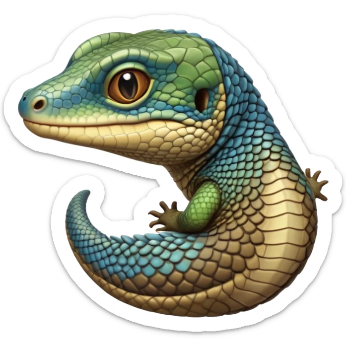 cinematic-realistic-cute-monitor-lizard-portrait-emoji,-head-tilted-playfully-and-inquisitively,-featuring-a-compact,-agile-body-with-finely-detailed,-glossy-scales-in-earthy-olive-hues-and-a-distinct,-alert-face-with-bright,-curious-eyes, blue , brown spotted and green multi coloured  scales sticker
