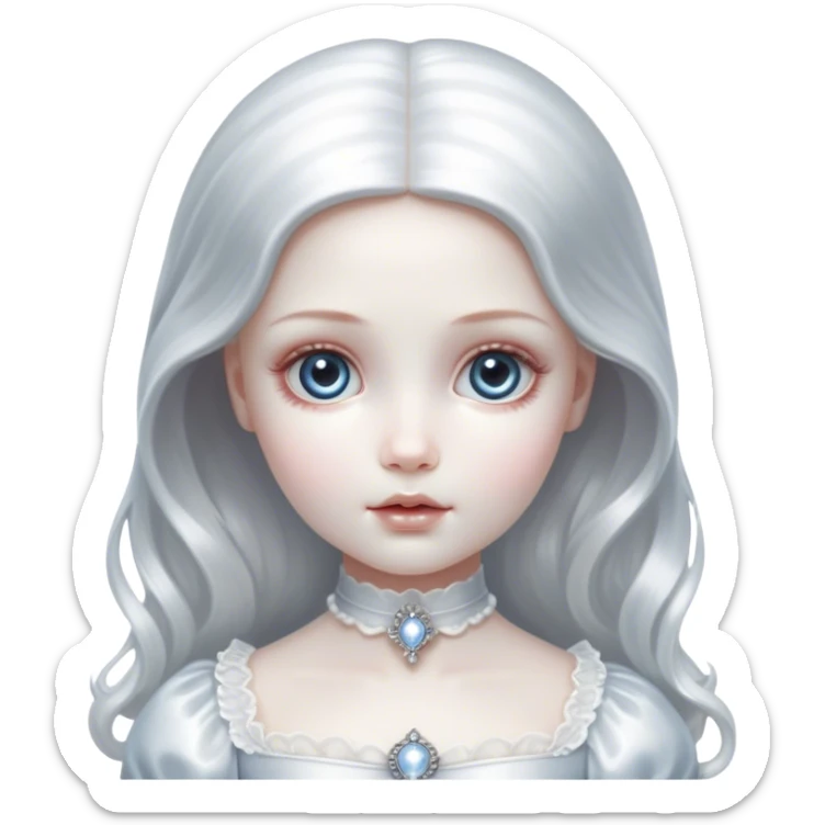 Cinematic and Ultra realistic 32k HD hauntingly beautiful porcelain doll sitting, Balanced features, highly detailed, glowing with silver light, high shine, remembrance, a painting of white silver, fanciful, enchanting, ghostly. The image is so lifelike it could leap off the canvas at any moment sticker