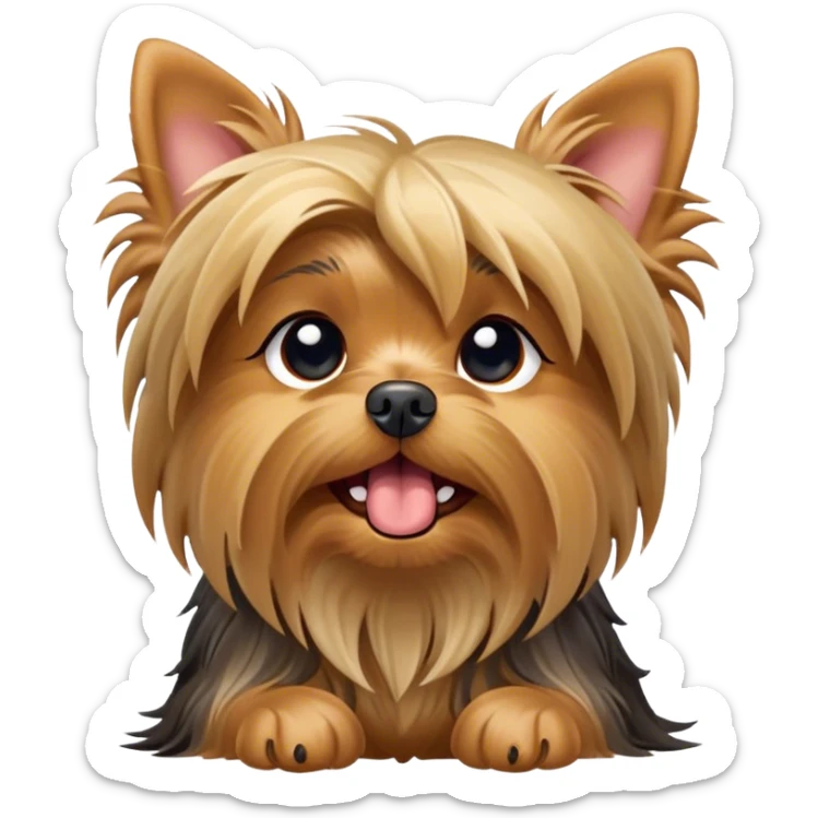 Cinematic Cute Yawning Yorkshire Terrier Portrait Emoji, Head tilted with a playful, drowsy expression and droopy, adorable eyes, featuring a soft, well-groomed fur in rich hues, simplified yet irresistibly endearing, highly detailed, glowing with a warm, cozy radiance, high shine, exuding a relaxed yet spunky charm, styled with a gentle, soft glowing outline, capturing the essence of a Yorkshire Terrier mid-yawn that seems as if it could cuddle right off the screen! sticker