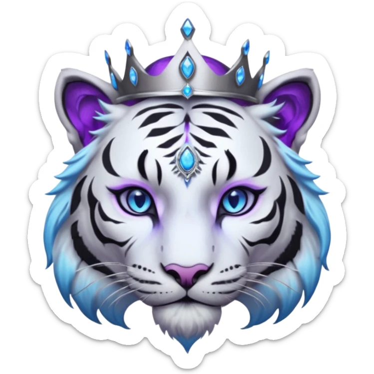 ESO Female white/black tiger khajiit leader of the umbral rose, glowing blue eyes, glowing blue 'third eye' gem; purple gemmed silver crown/tiara sticker