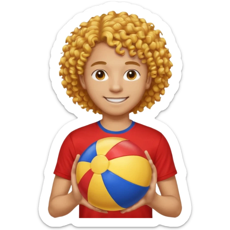 una persona de 18 años marron clarito con el pelo amrillo rizado con una camiseta roja y azul con un logo circular dorado y levantando un balon de playa sticker