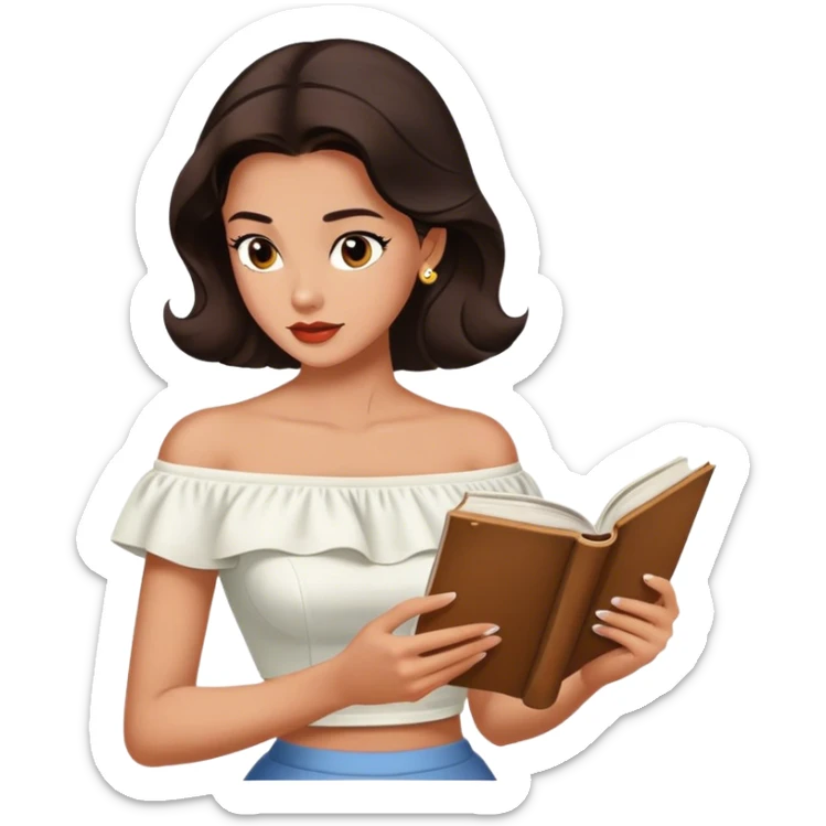 Beautiful woman in 1950’s woman fashion look, off-shoulder white shirts crop top, long dark brown hair, reading sticker