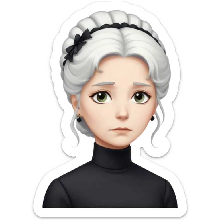 A Victorian woman with elegant coiffed white hair and light eyes wearing a modest unadorned monochrome black turtleneck mourning dress looking down with a forlorn expression sticker